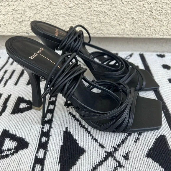 Black Suede Studio Black lace up square toe Strappy Sandal heels Size 37.5 (7.5) - Picture 3 of 9